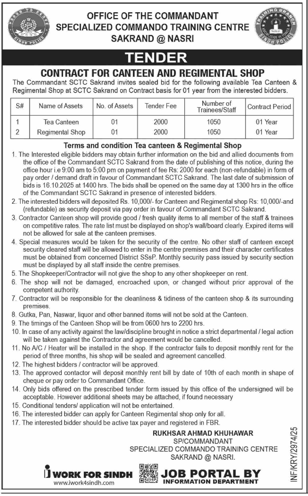 Specialized Commando Training Center Sakrand Tender Notice
